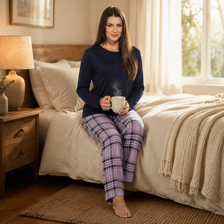 Navy Jersey Top & Lilac Check Bottoms Pyjamas