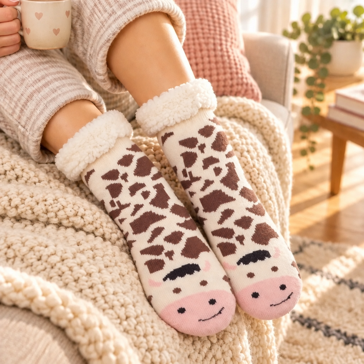 Farmyard Cow Sherpa Lined Slipper Socks