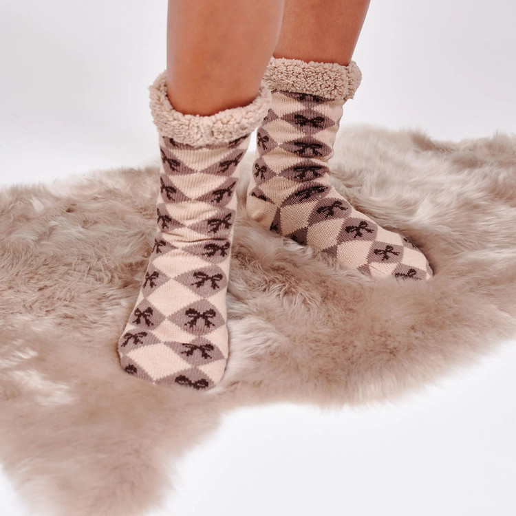 Mocha Argyle Bows Slipper Socks