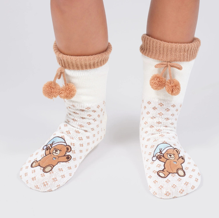 Cream Teddy Bear Motif Pompom Slipper Socks