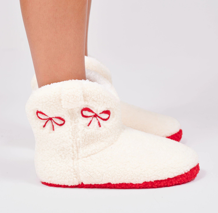Red Bows Cream Teddy Fleece Slipper Boots 