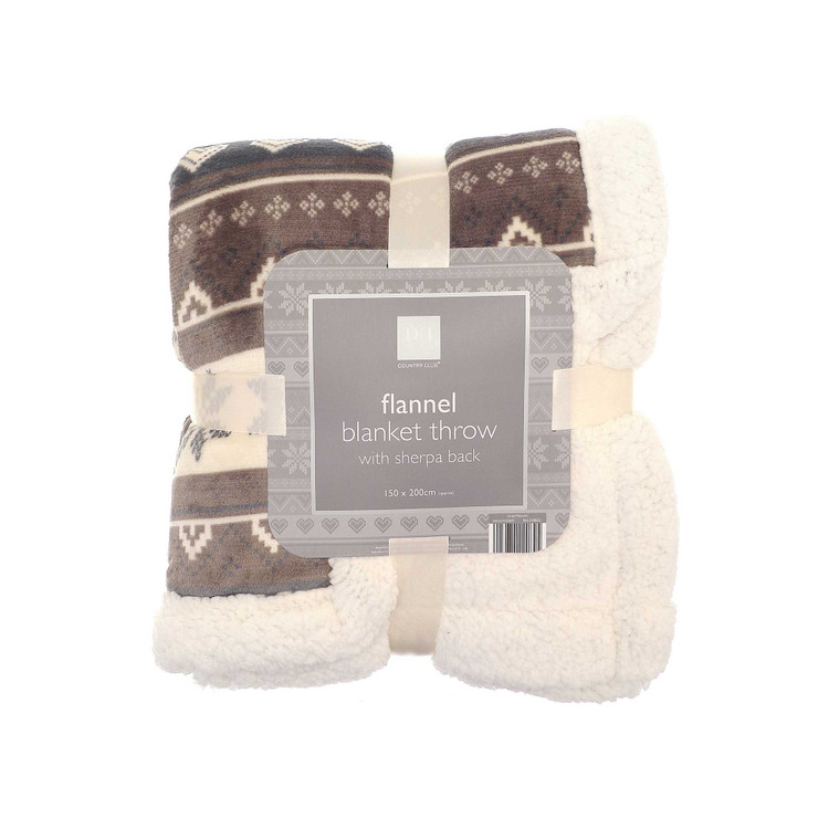 Brown Nordic Fairisle Sherpa Back Plush Throw 150x200cm