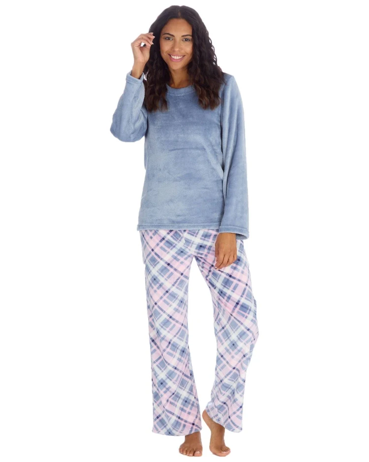 Blue Diagonal Check Plush Fleece Lounge Set