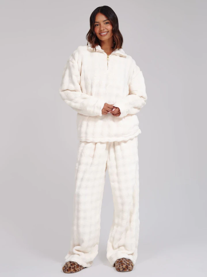 Cream Bubble Cut Fleece Two Piece Lounge Set