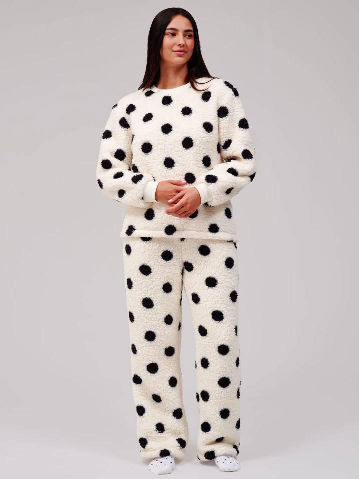 Cream Polka Dot Borg Fleece Twosie Lounge Set 