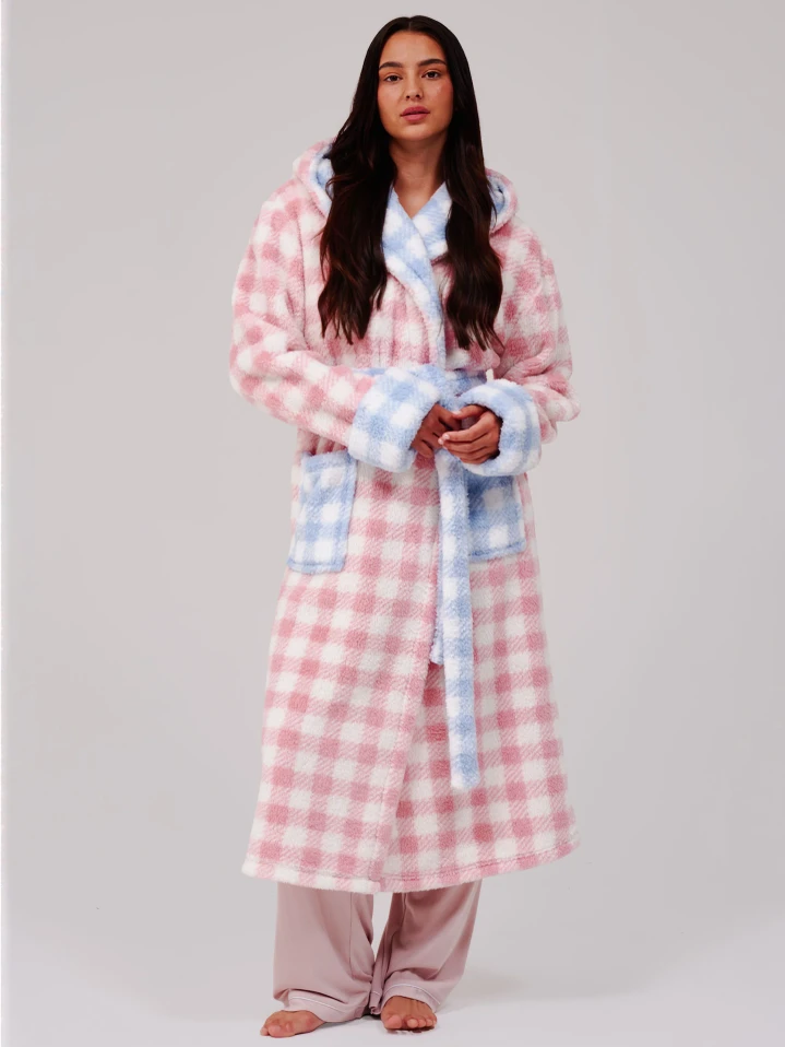 Pink & Blue Gingham Borg Fleece Midi Dressing Gown