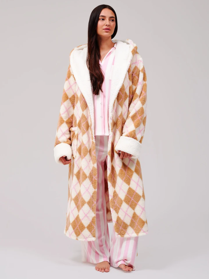 Cream & Tan Argyle Borg Fleece Midi Dressing Gown