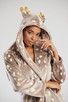 Ladies Reindeer Luxury Flannel Fleece Novelty Hood Bath Robe