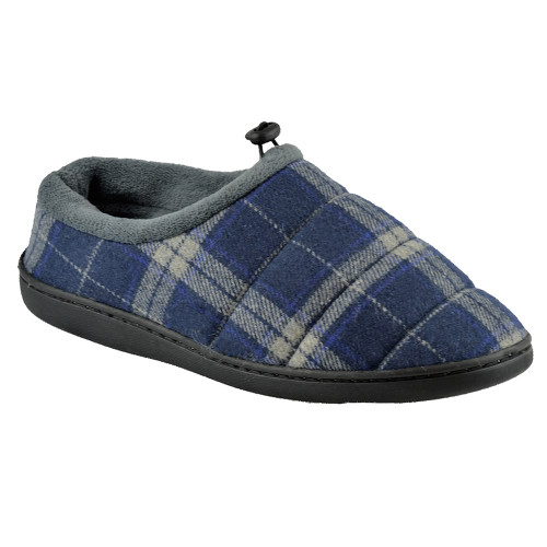 Navy & Blue Checked Quilted Textile Mule Slippers | Heat Treats