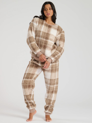 Loungeable Womens Brown Check Chunky Borg Fleece Twosie Heat Treats