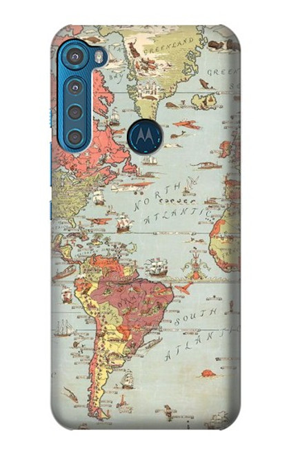 S3418 Carte du monde millésimé Etui Coque Housse pour Motorola One Fusion+