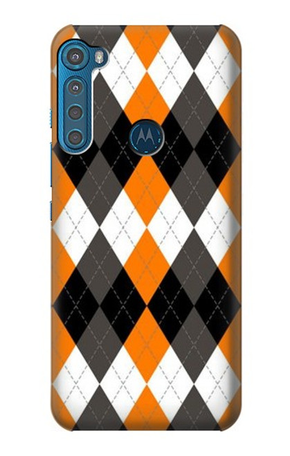 S3421 Noir Orange Blanc Argyle Plaid Etui Coque Housse pour Motorola One Fusion+