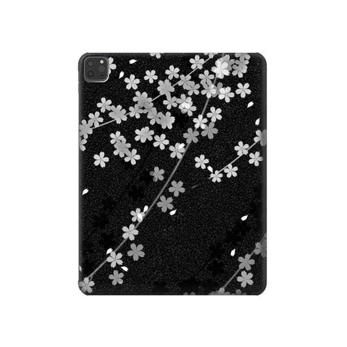 S2544 Kimono japonais style Noir motif fleur Etui Coque Housse pour iPad Pro 11 (2021,2020,2018, 3rd, 2nd, 1st)