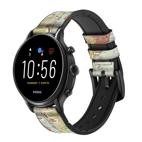 CA0719 Carte du monde millésimé Bracelet de montre intelligente en cuir et silicone pour Fossil Smartwatch