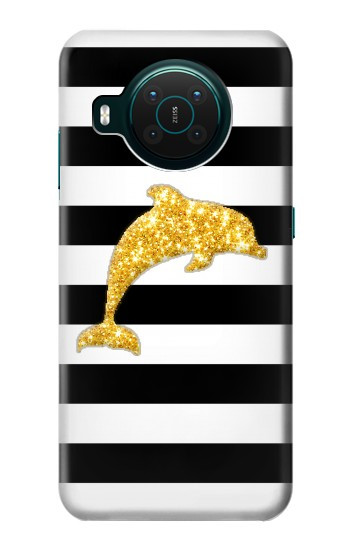 S2882 Noir et blanc rayé Dauphin d'or Etui Coque Housse pour Nokia X10