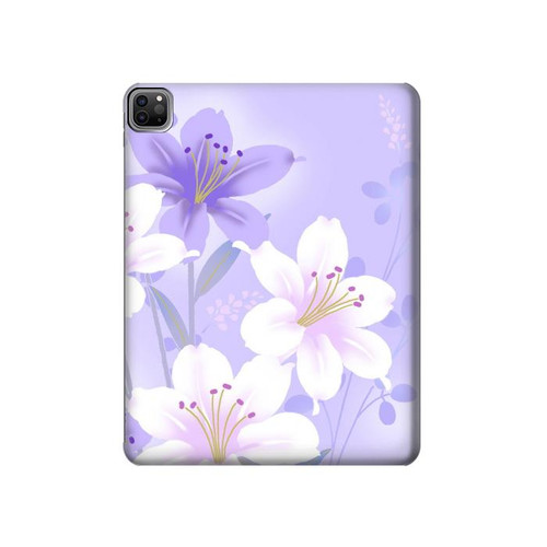 S2361 Fleurs blanches Violet Etui Coque Housse pour iPad Pro 12.9 (2022,2021,2020,2018, 3rd, 4th, 5th, 6th)