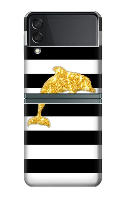 S2882 Noir et blanc rayé Dauphin d'or Etui Coque Housse pour Samsung Galaxy Z Flip 3 5G
