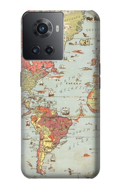 S3418 Carte du monde millésimé Etui Coque Housse pour OnePlus Ace