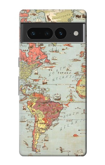 S3418 Carte du monde millésimé Etui Coque Housse pour Google Pixel 7 Pro