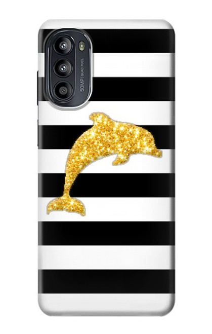 S2882 Noir et blanc rayé Dauphin d'or Etui Coque Housse pour Motorola Moto G52, G82 5G