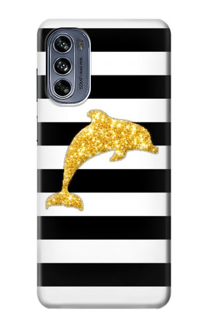 S2882 Noir et blanc rayé Dauphin d'or Etui Coque Housse pour Motorola Moto G62 5G