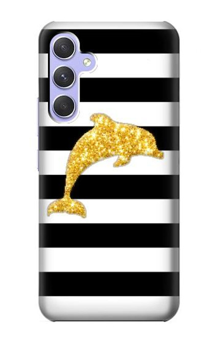 S2882 Noir et blanc rayé Dauphin d'or Etui Coque Housse pour Samsung Galaxy A54 5G