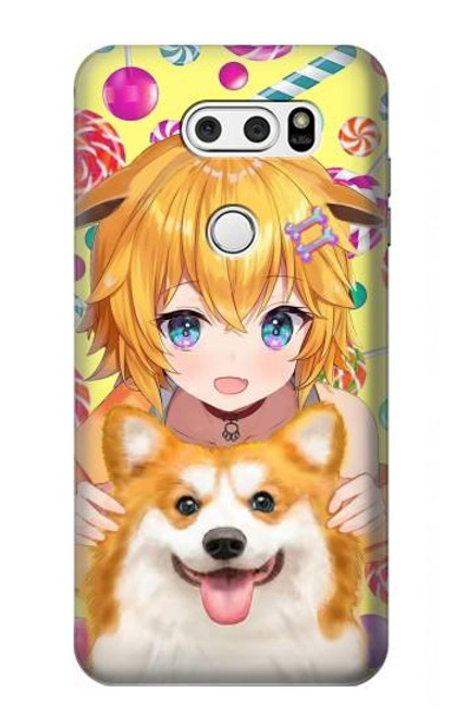 S3918 Bébé Corgi Chien Corgi Fille Bonbons Etui Coque Housse pour LG V30, LG V30 Plus, LG V30S ThinQ, LG V35, LG V35 ThinQ