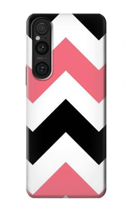 S1849 Rose Noir Chevron Zigzag Etui Coque Housse pour Sony Xperia 1 V