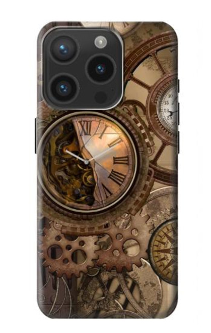 S3927 Boussole Horloge Gage Steampunk Etui Coque Housse pour iPhone 15 Pro