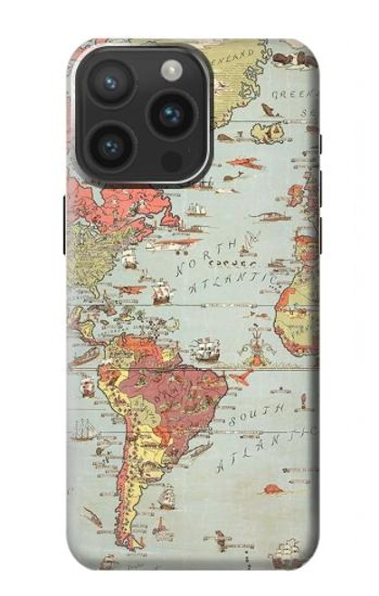 S3418 Carte du monde millésimé Etui Coque Housse pour iPhone 15 Pro Max