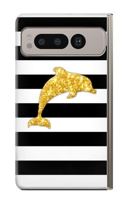 S2882 Noir et blanc rayé Dauphin d'or Etui Coque Housse pour Google Pixel Fold