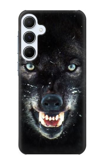 S2823 Noir Loup Bleu Yeux Visage Etui Coque Housse pour Samsung Galaxy A55 5G