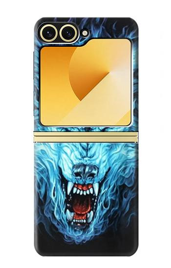 S0752 Feu bleu Loup Etui Coque Housse pour Samsung Galaxy Z Flip 6, Flip 7 FE