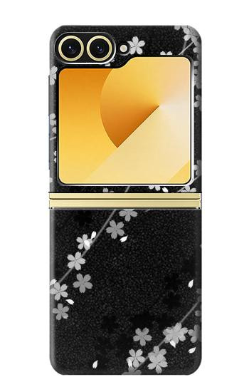 S2544 Kimono japonais style Noir motif fleur Etui Coque Housse pour Samsung Galaxy Z Flip 6, Flip 7 FE