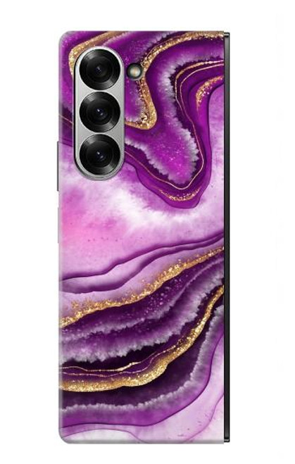 S3896 Stries d'or en marbre violet Etui Coque Housse pour Samsung Galaxy Z Fold 6