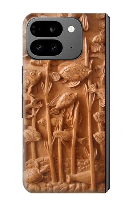 S1307 Poissons Sculpture sur bois imprimé graphique Etui Coque Housse pour Google Pixel 9 Pro Fold
