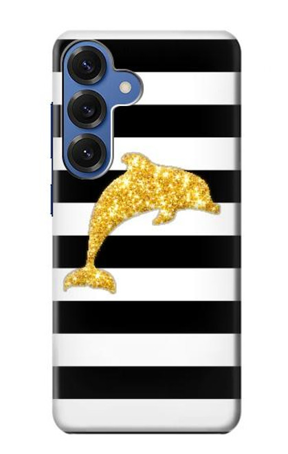 S2882 Noir et blanc rayé Dauphin d'or Etui Coque Housse pour Samsung Galaxy S25