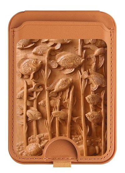 S1307 Poissons Sculpture sur bois imprimé graphique Magnetic Card Holder Wallet Stand with MagSafe for iPhone 16 15 14 13 Pro Max