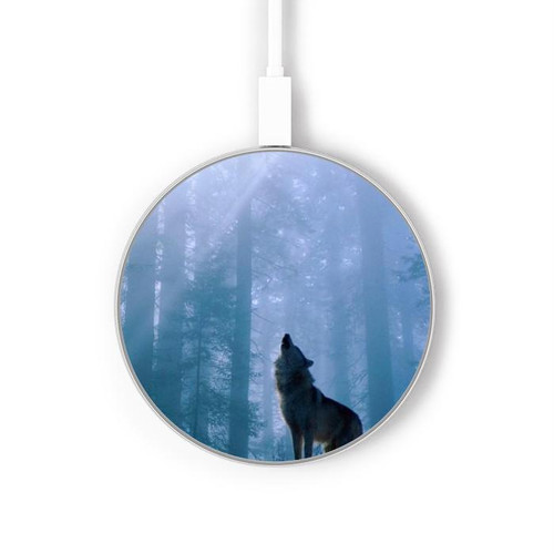 S0935 Loup Hurlant dans la forêt Chargeur sans fil 15W Type-C iPhone Android Station de charge à lumière LED