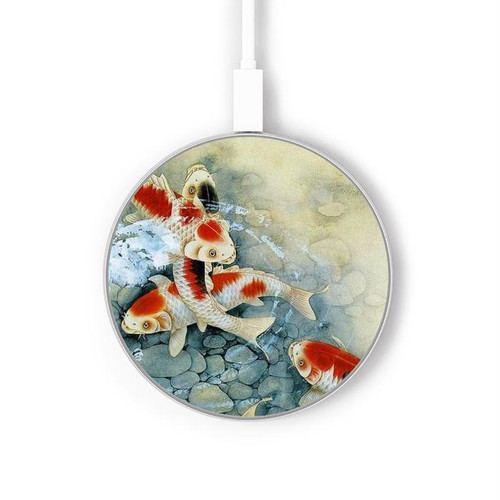 S1654 Carpe Koï poisson Peinture Art Chargeur sans fil 15W Type-C iPhone Android Station de charge à lumière LED