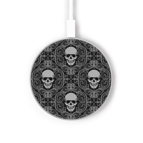 S2371 Crâne Motif monochrome Millésime Chargeur sans fil 15W Type-C iPhone Android Station de charge à lumière LED