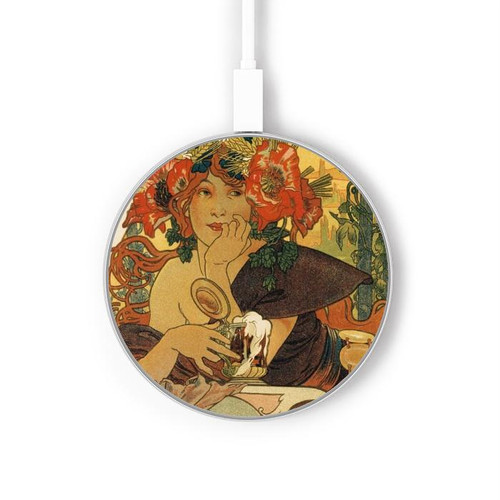S2740 Alphonse Mucha De La Muse Bieres Chargeur sans fil 15W Type-C iPhone Android Station de charge à lumière LED