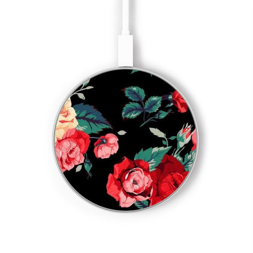 S3112 Motif floral Rose Noir Chargeur sans fil 15W Type-C iPhone Android Station de charge à lumière LED