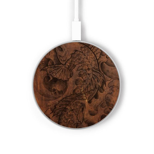 S3405 Graphique poisson Tatouage cuir Imprimer Chargeur sans fil 15W Type-C iPhone Android Station de charge à lumière LED