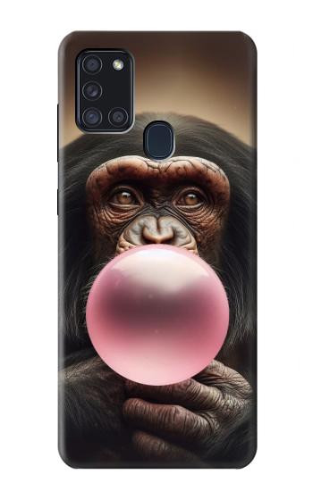 S3973 Chimpanzé soufflant du chewing-gum rose Etui Coque Housse pour Samsung Galaxy A21s