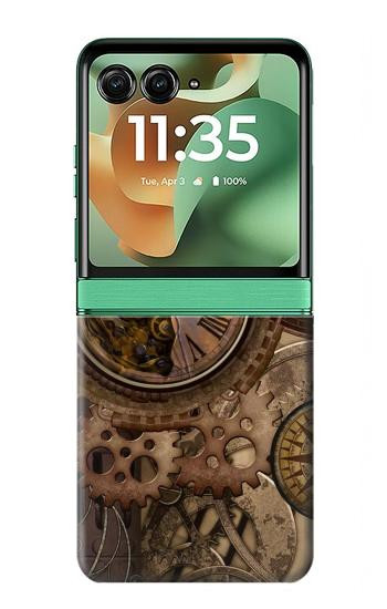 S3927 Boussole Horloge Gage Steampunk Etui Coque Housse pour Motorola Razr 70+,60+, Razr+ (2026, 2025, 2024)