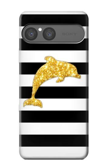 S2882 Noir et blanc rayé Dauphin d'or Etui Coque Housse pour Sony Xperia 10 VII