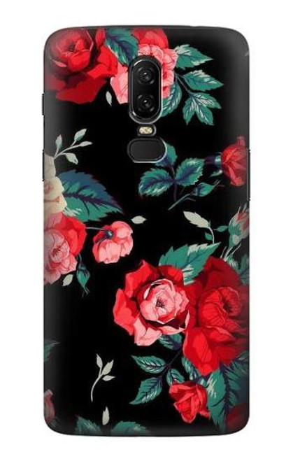 S3112 Rose Floral Pattern Black Etui Coque Housse pour OnePlus 6