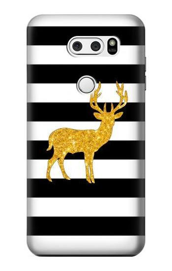 S2794 Black and White Striped Deer Gold Sparkles Etui Coque Housse pour LG V30, LG V30 Plus, LG V30S ThinQ, LG V35, LG V35 ThinQ