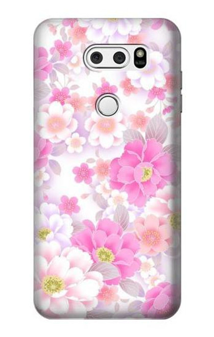 S3036 Pink Sweet Flower Flora Etui Coque Housse pour LG V30, LG V30 Plus, LG V30S ThinQ, LG V35, LG V35 ThinQ